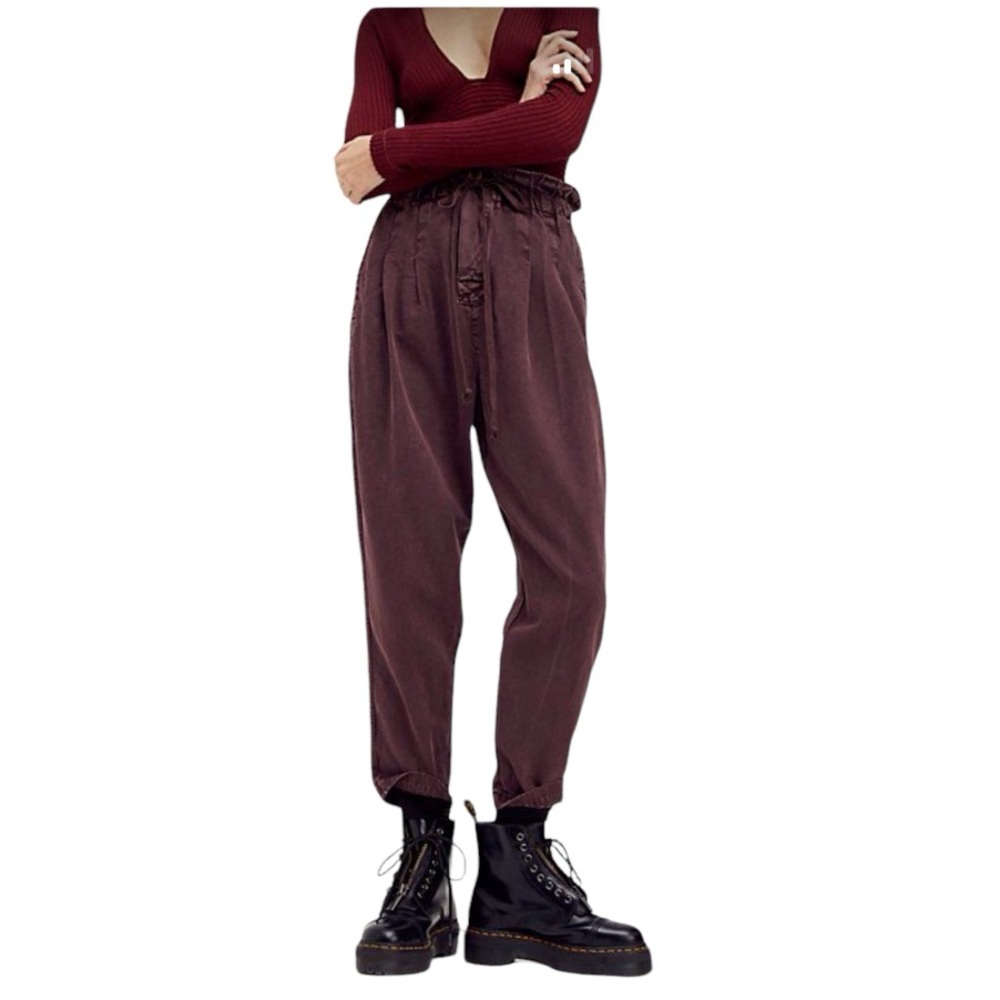 Free People Margate High Rise Pleated Paper Bag Trousers in Distressed Black XS